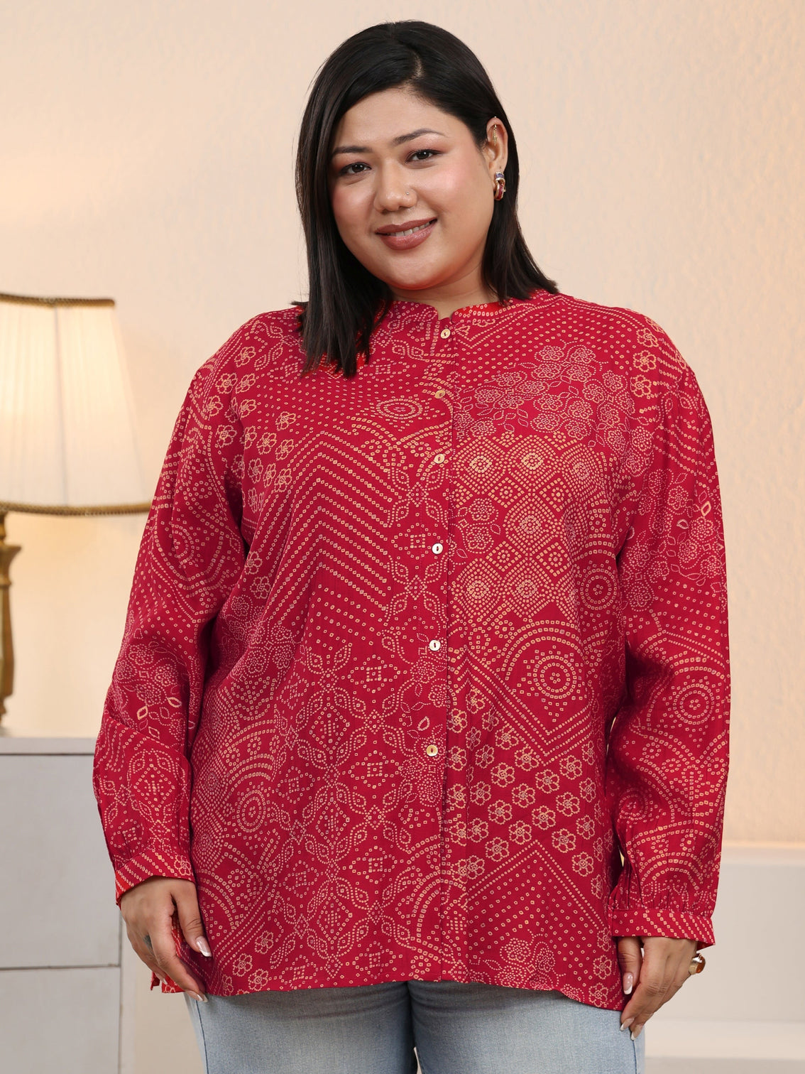 Plus Size Red Bandhani Printed Silk Blend Shirt