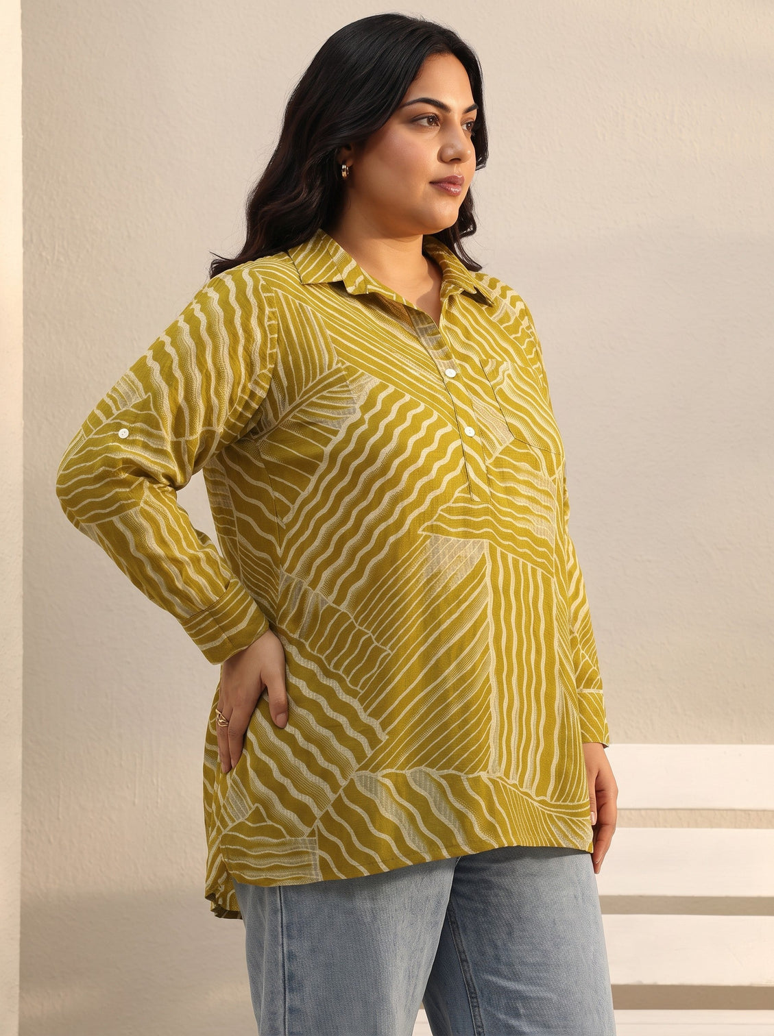 Plus Size Green Abstract Printed Silk Blend Tunic