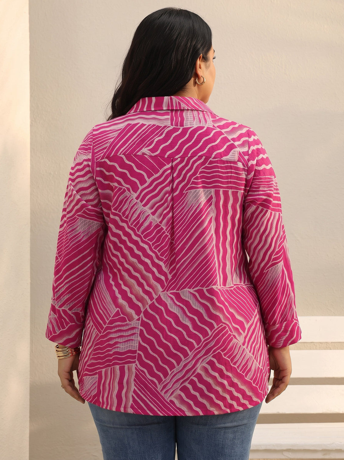 Plus Size Pink Abstract Printed Silk Blend Tunic