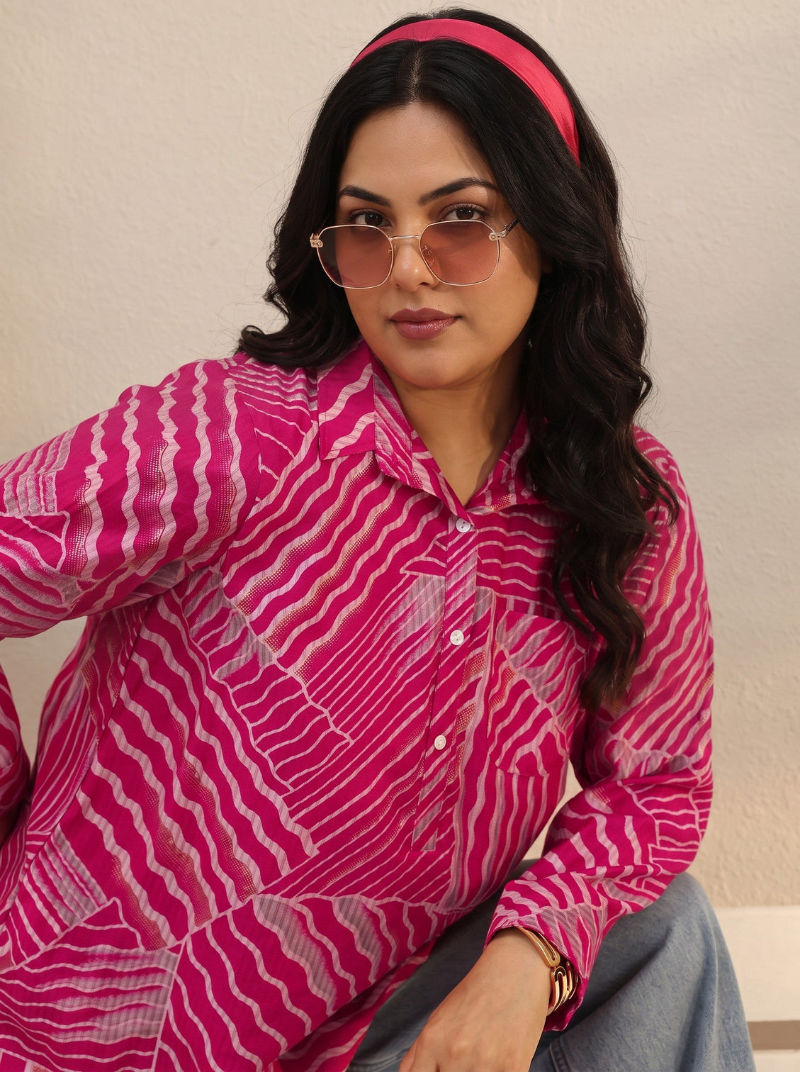 Plus Size Pink Abstract Printed Silk Blend Tunic