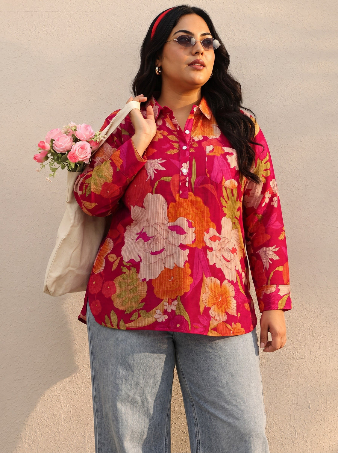 Plus Size Pink Floral Printed Silk Blend Tunic