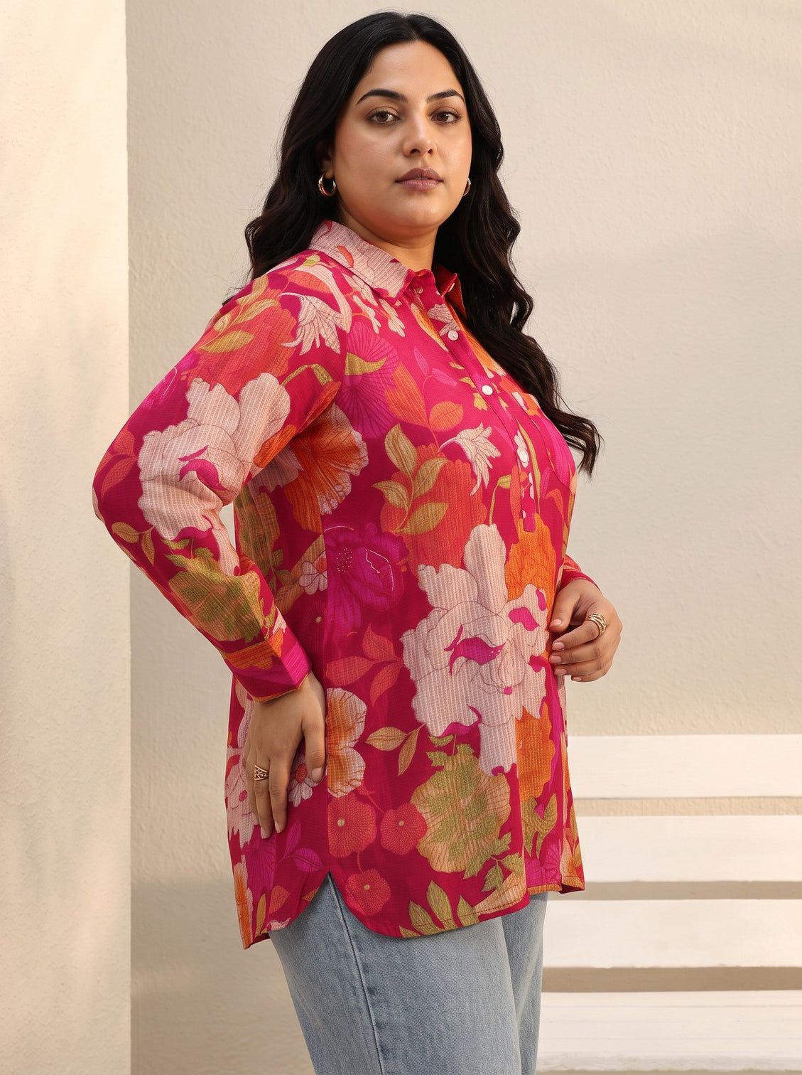 Plus Size Pink Floral Printed Silk Blend Tunic
