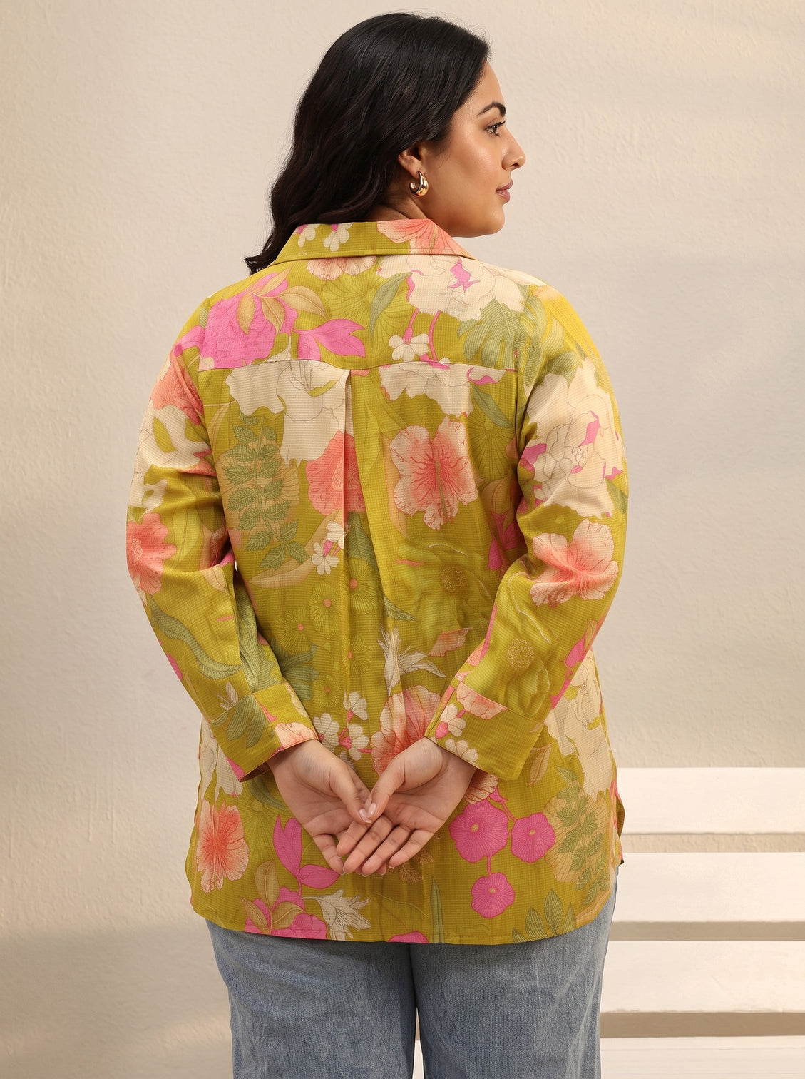 Plus Size Green Floral Printed Silk Blend Tunic