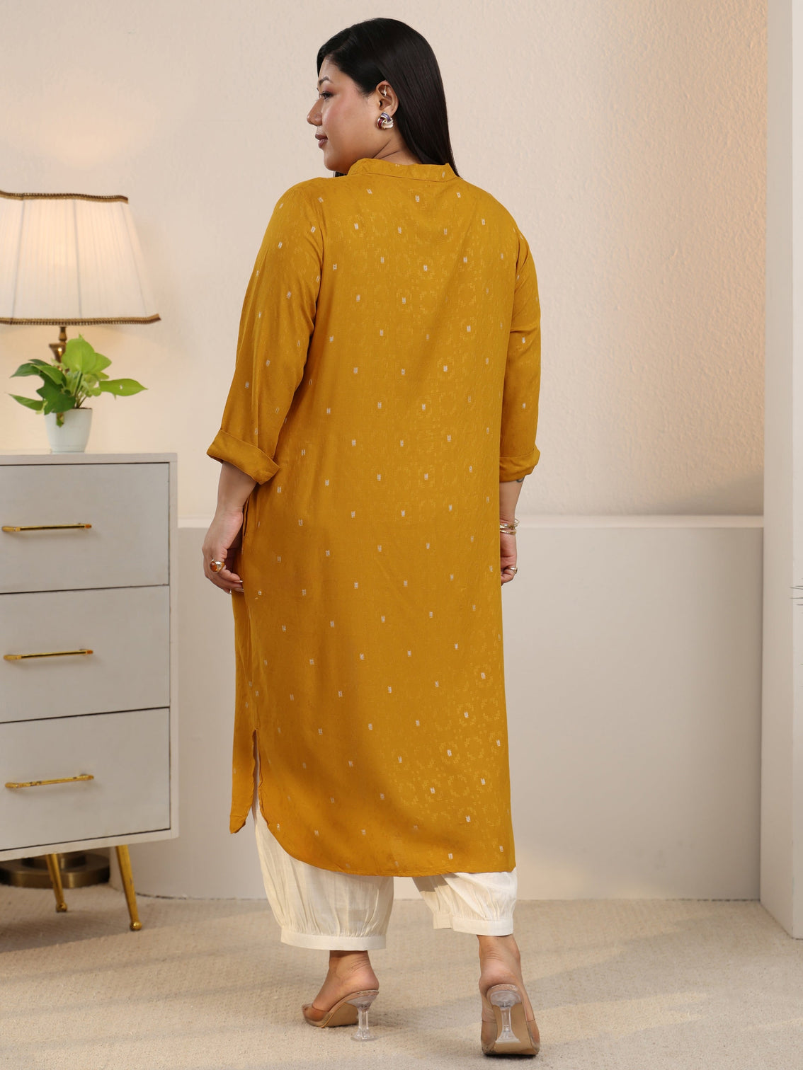 Plus Size Mustard Woven Design Rayon Straight Kurta