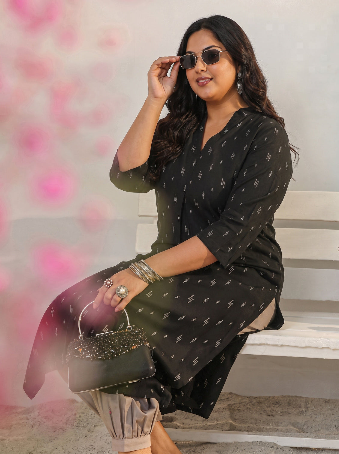 Plus Size Black Woven Design Rayon Straight Kurta