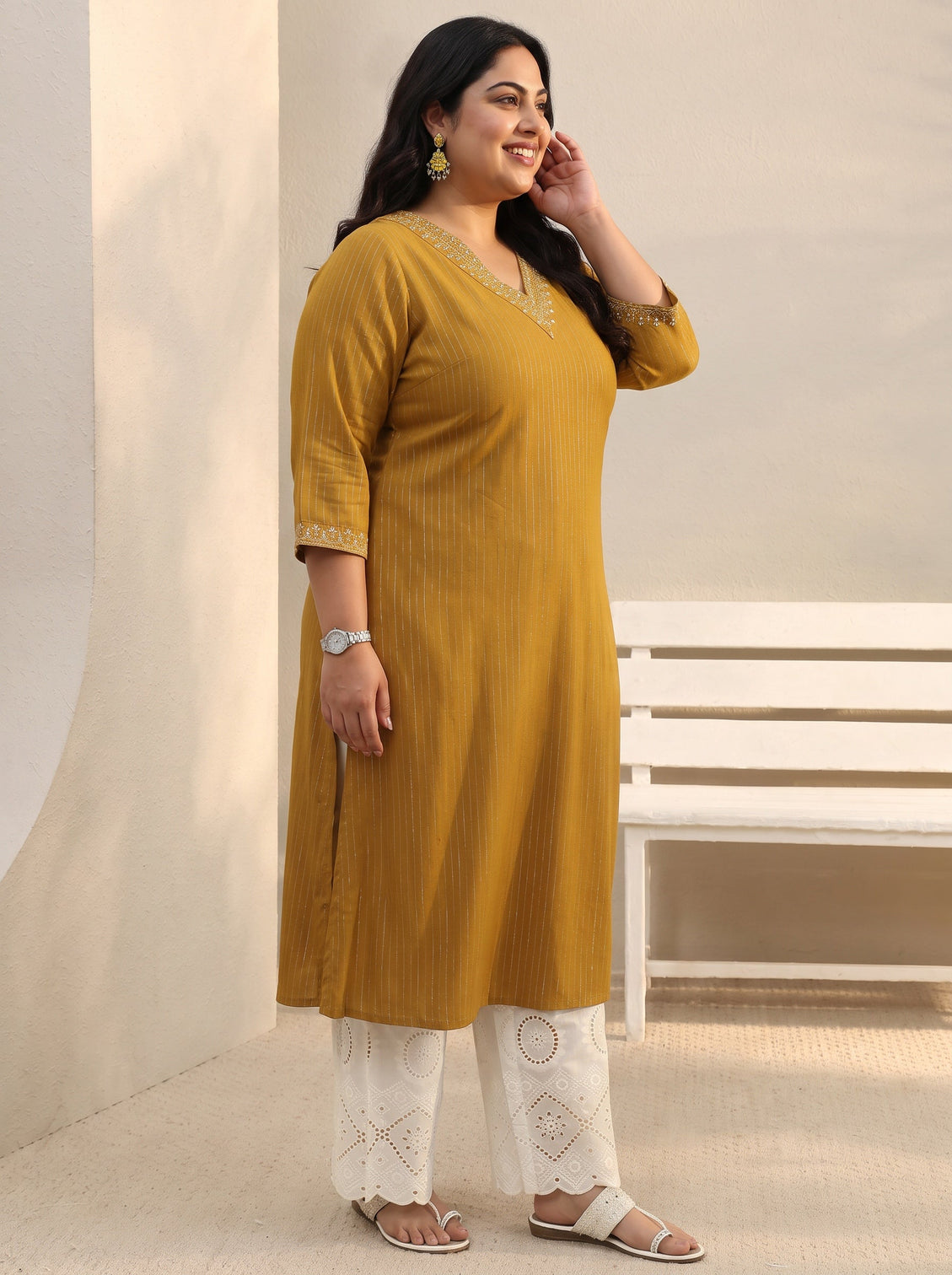 Plus Size Mustard Striped Rayon Straight Kurta