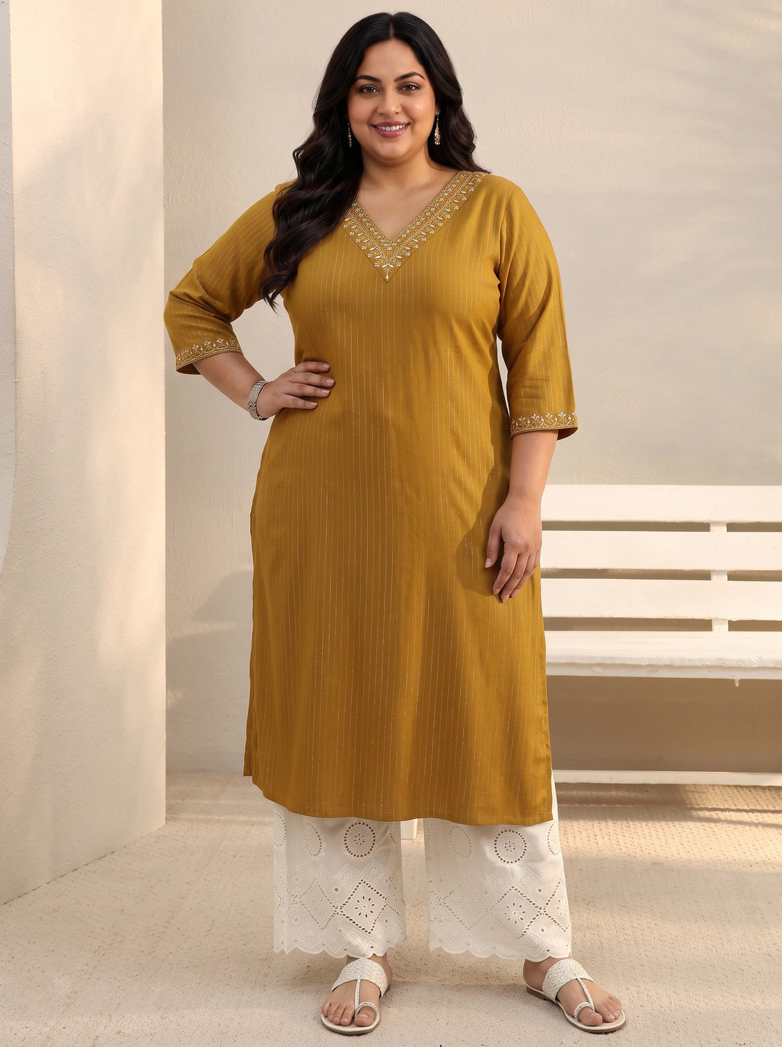 Plus Size Mustard Striped Rayon Straight Kurta