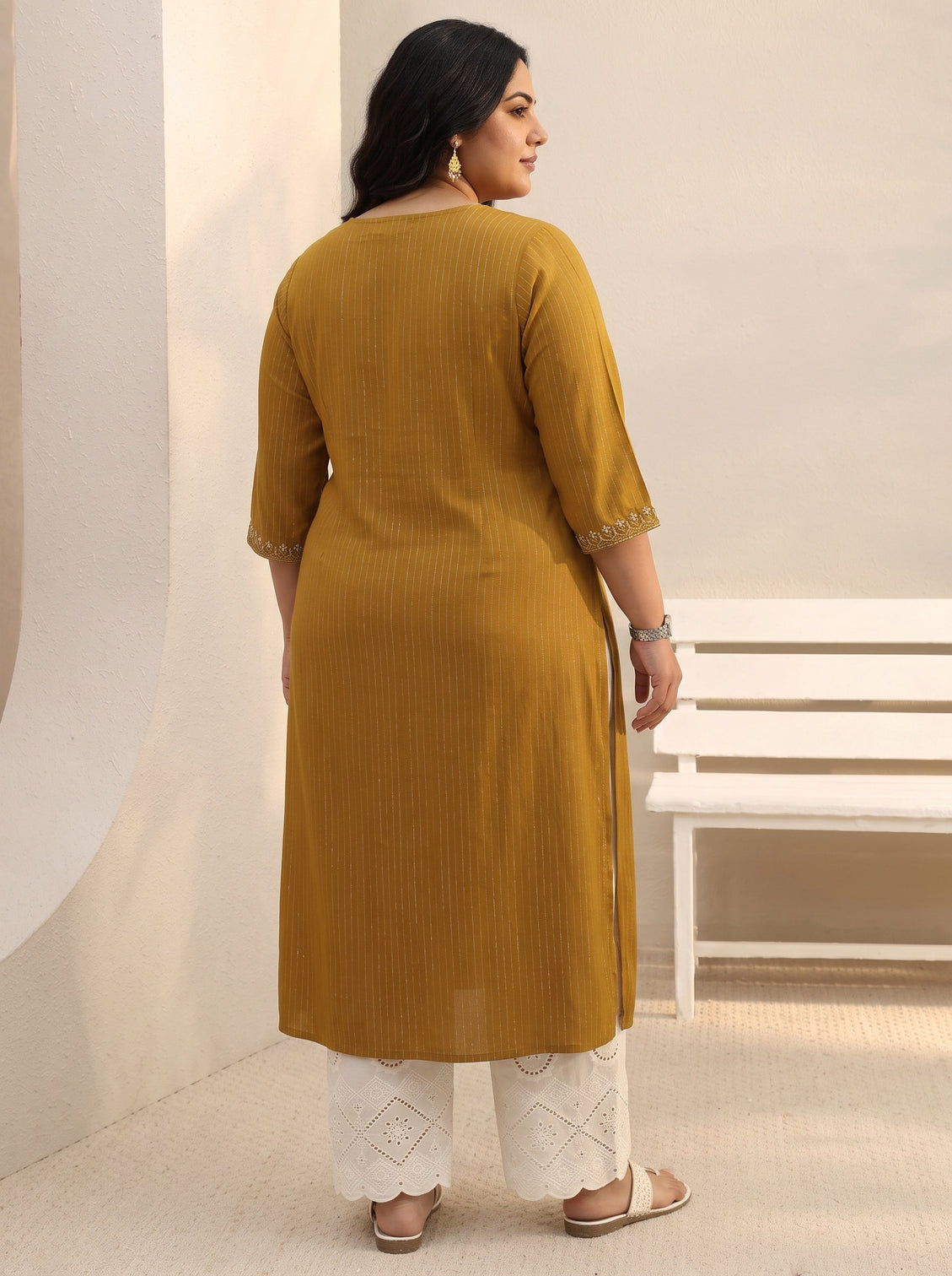 Plus Size Mustard Striped Rayon Straight Kurta