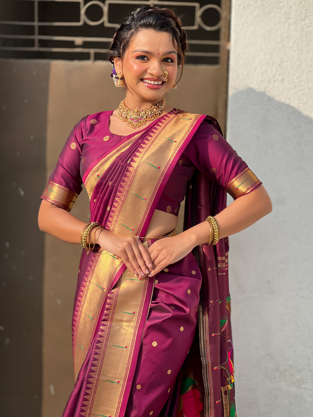 Wine wedding special nauvari paithani soft silk saree with zari woven polka motifs and peacock pallu