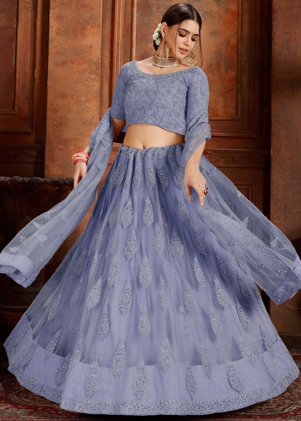 Steel Blue Soft Net Lehenga Choli with Thread, Zarkan & Pearl work