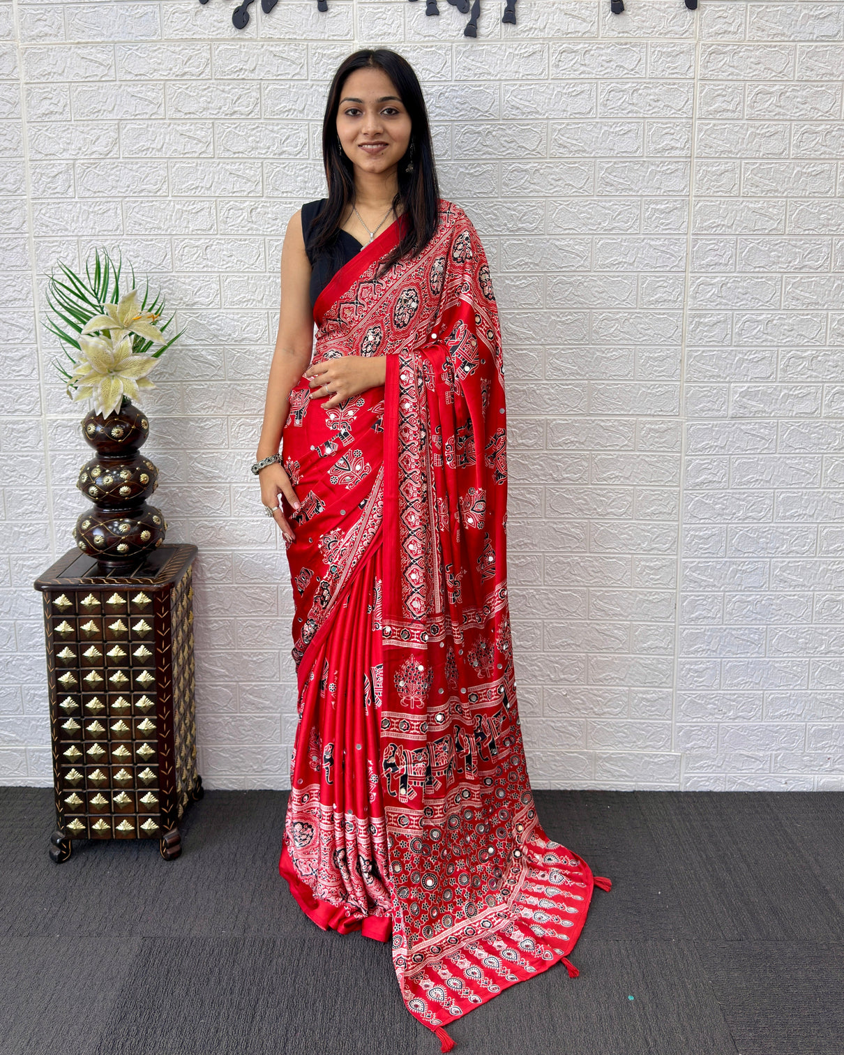 Rust red modal silk saree with elephant motif ajrakh print designer pallu traditional ethnic festive wear saree