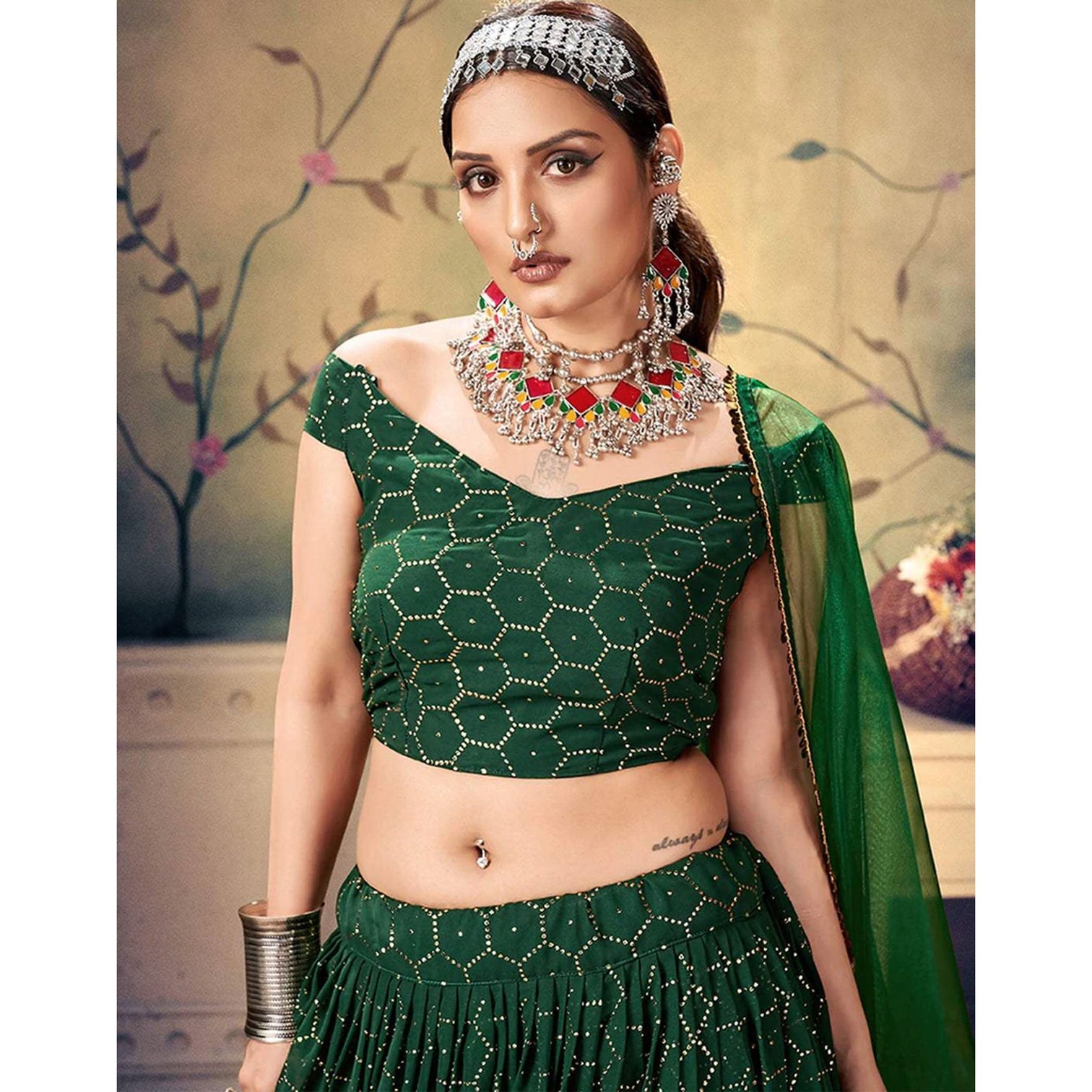Gable Green Lehenga Choli in Georgette Fabrics with Mukesh Work