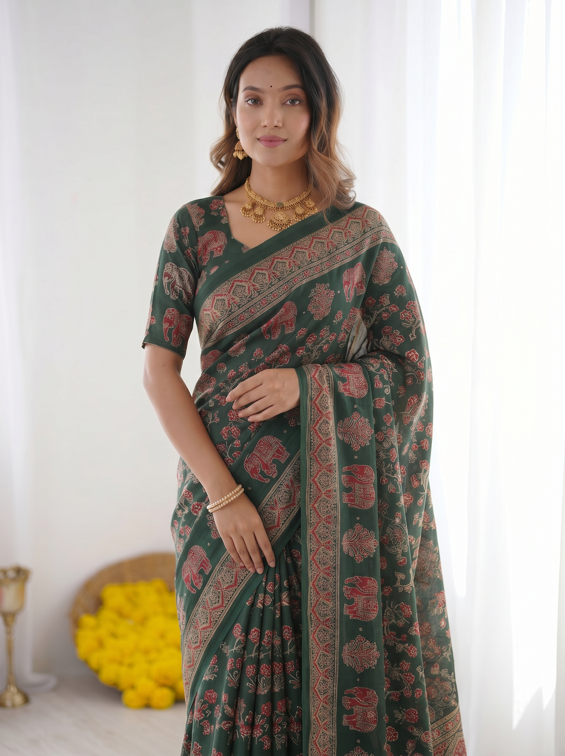 Forest green modal silk saree with elephant motif ajrakh print designer heritage pallu traditional festive wear saree