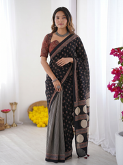 Black modal silk saree with floral butti prints striped pleats statement geometric designer pallu mameraa