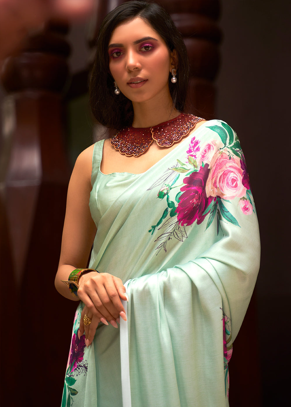 Mint Green Floral Printed Satin Crepe Saree