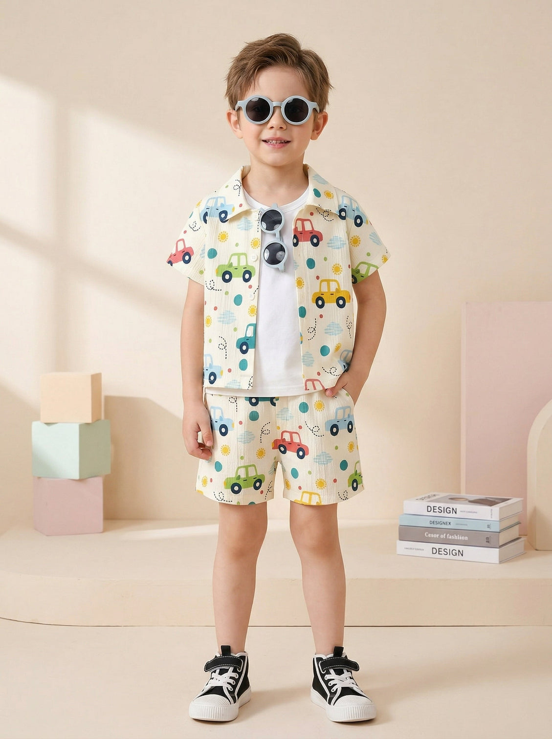 Boys Multi-Color Car Print Co-Ord Set – Cotton Shirt & Shorts Summer Outfit for Kids