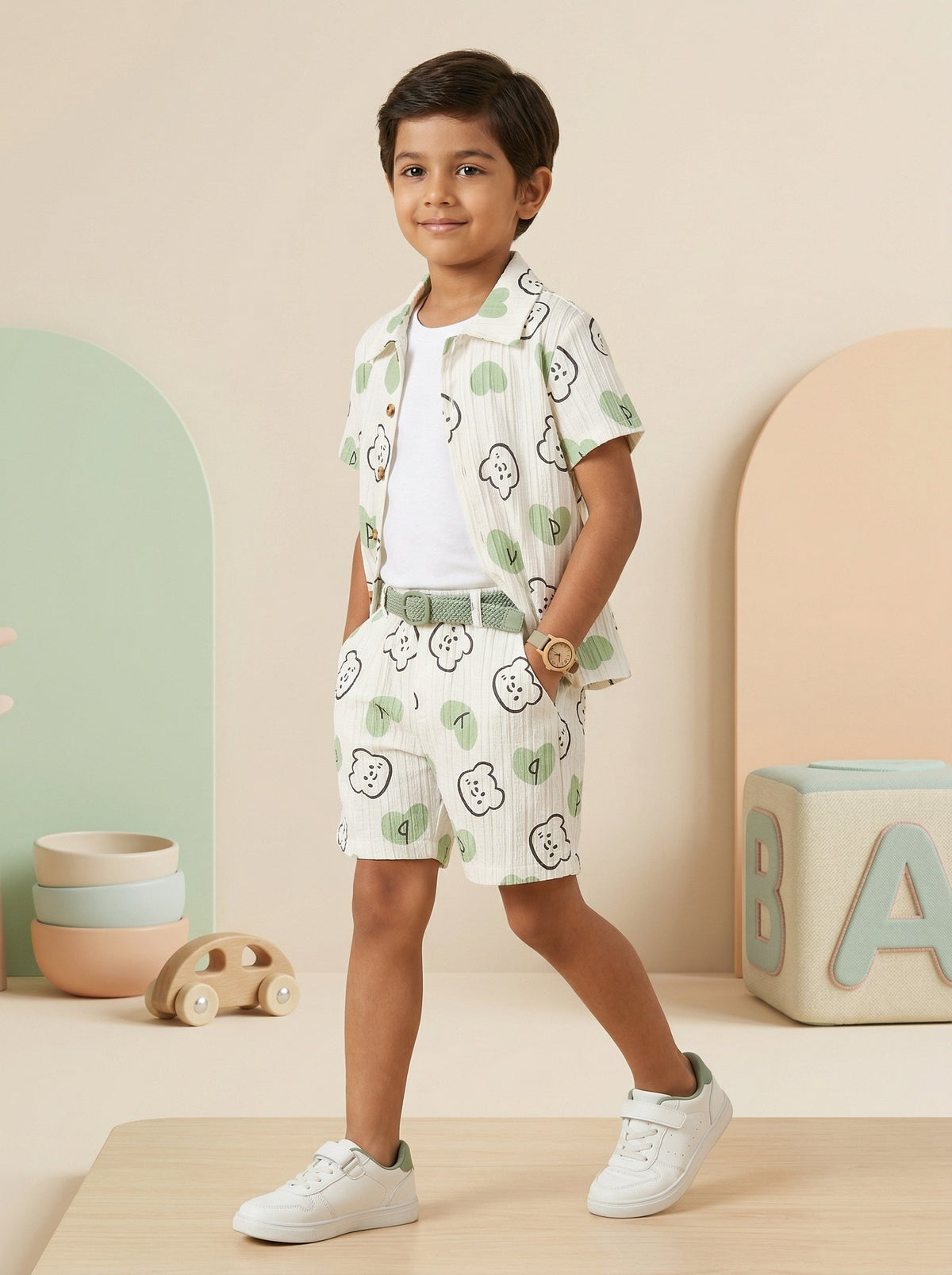 Boys White & Green Printed Co-Ord Set – Cotton Shirt & Shorts Summer Outfit for Kids