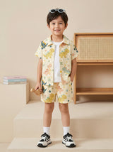 Boys Yellow Dinosaur Print Co-Ord Set – Cotton Shirt & Shorts Summer Outfit for Kids