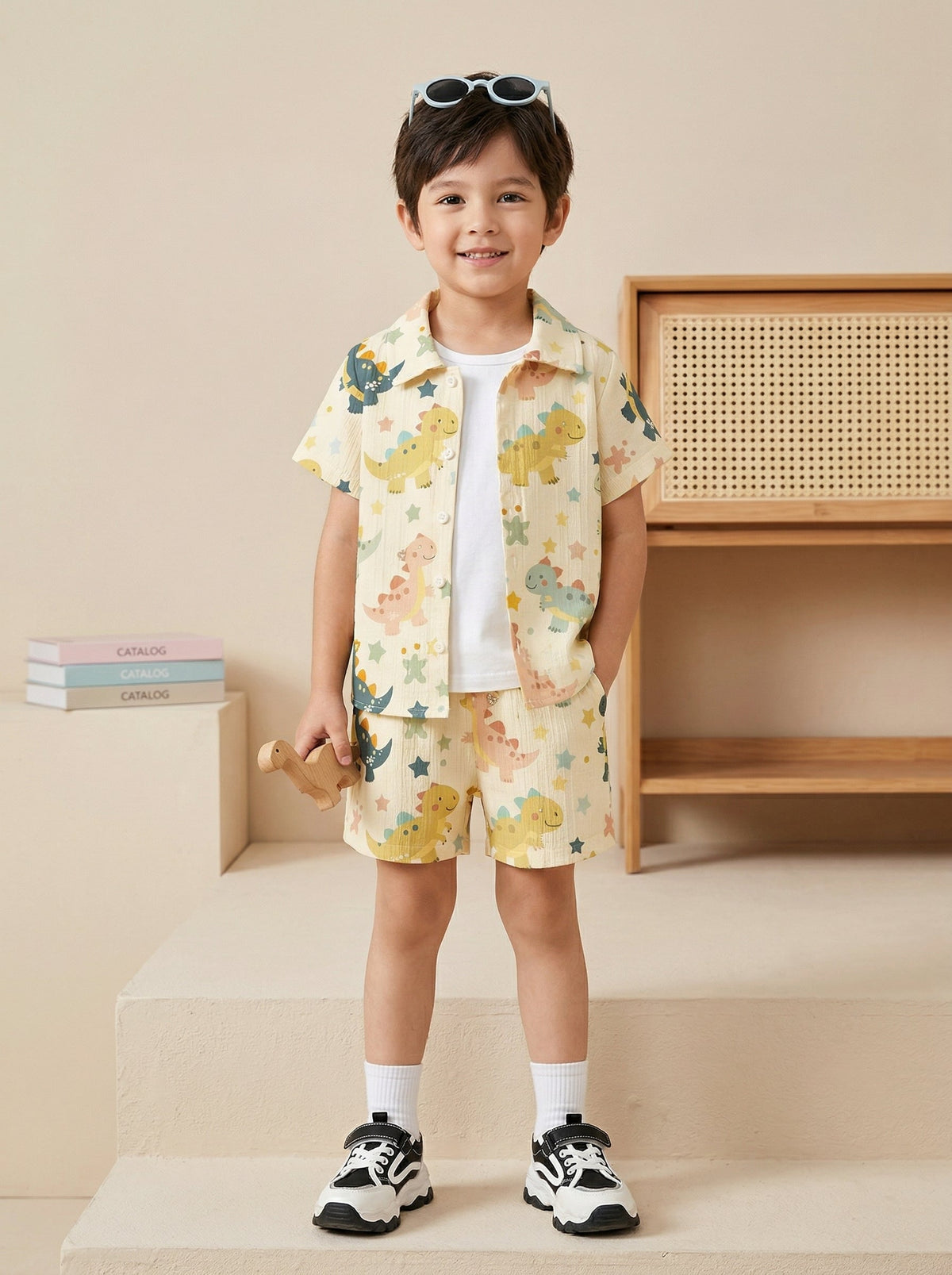 Boys Yellow Dinosaur Print Co-Ord Set – Cotton Shirt & Shorts Summer Outfit for Kids
