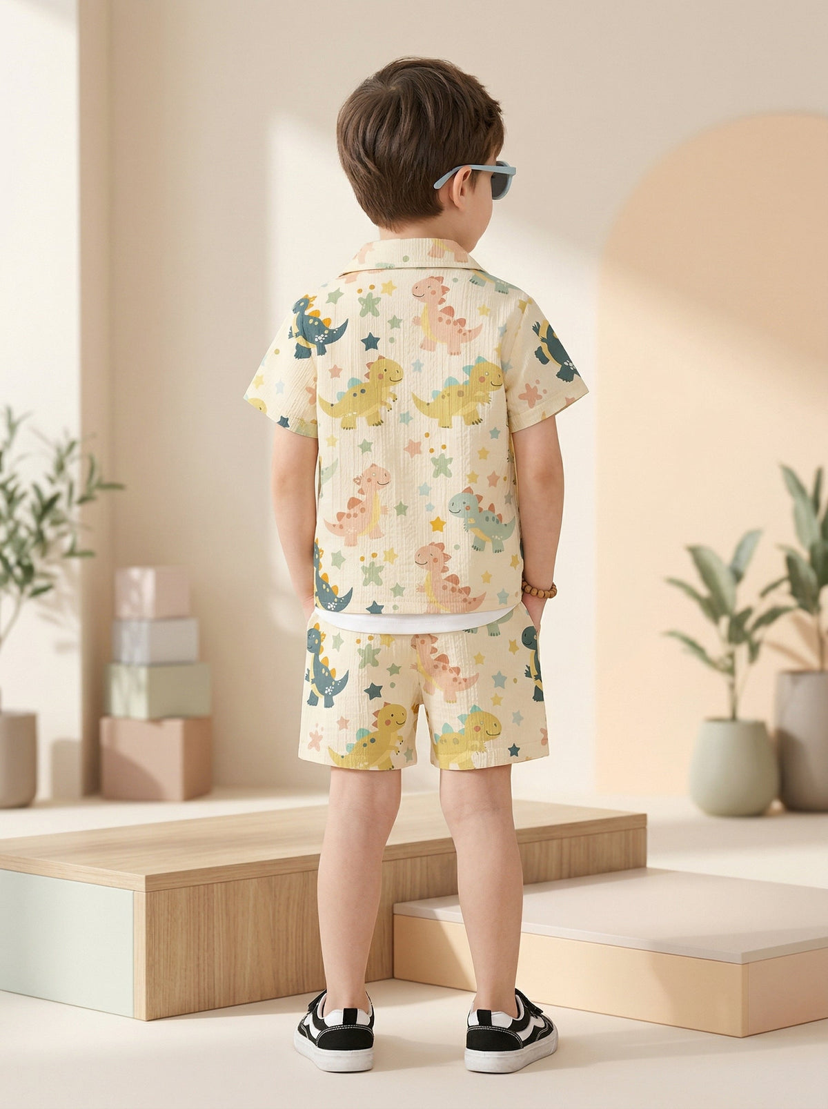 Boys Yellow Dinosaur Print Co-Ord Set – Cotton Shirt & Shorts Summer Outfit for Kids