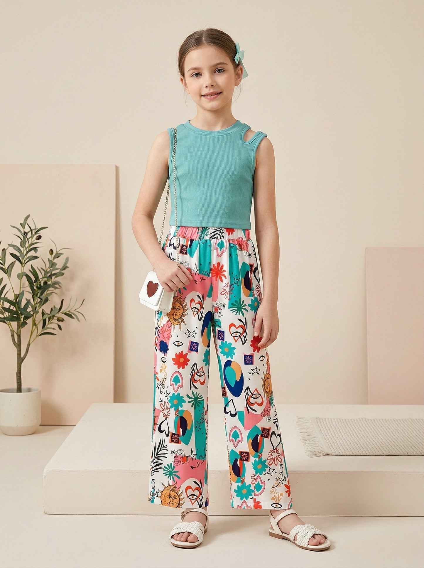 Girls Teal Sleeveless Top & Multicolor Printed Wide Leg Pants Set