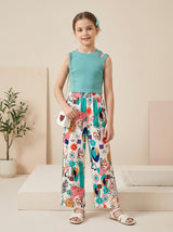 Girls Teal Sleeveless Top & Multicolor Printed Wide Leg Pants Set