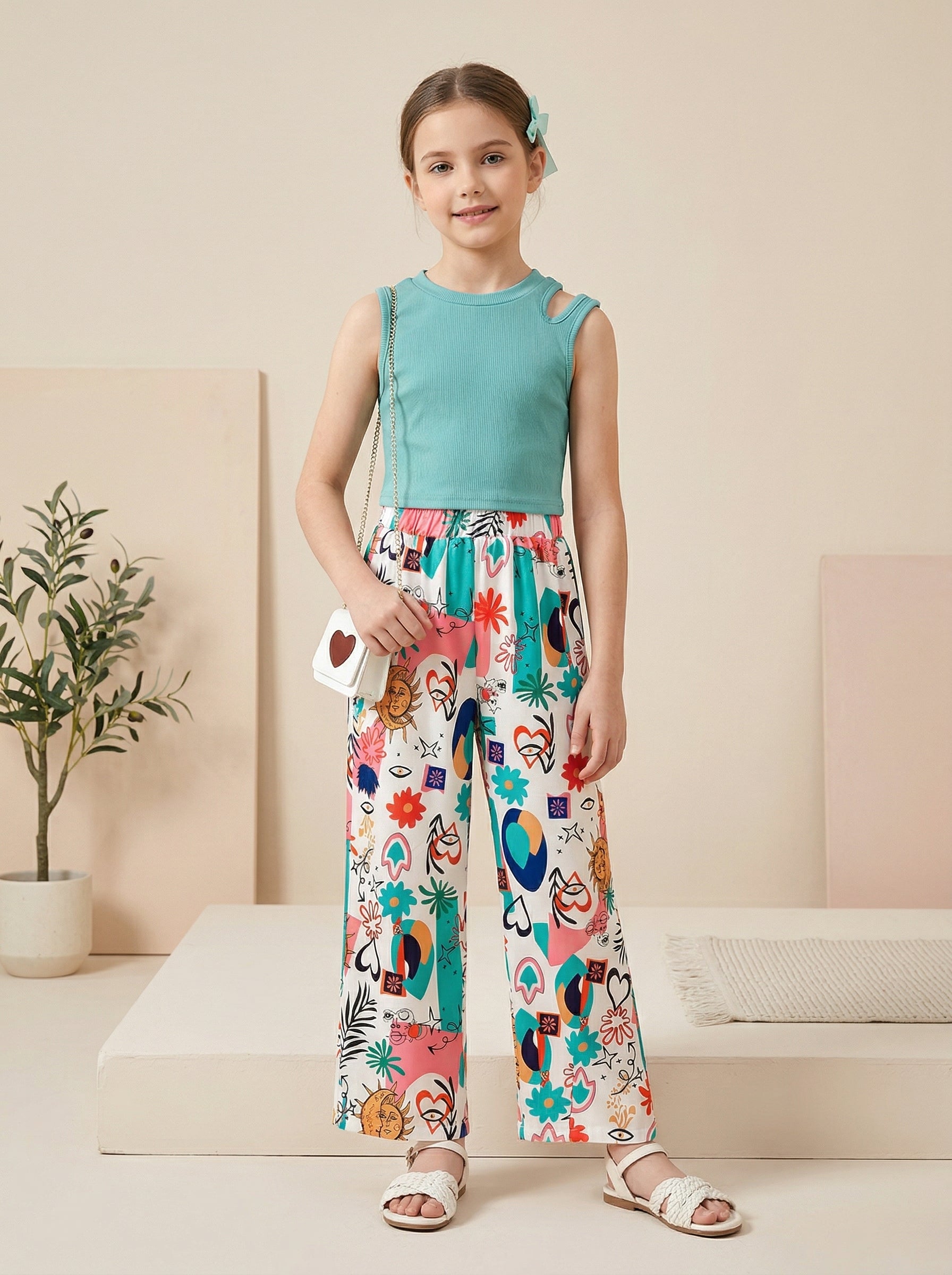 Girls Teal Sleeveless Top & Multicolor Printed Wide Leg Pants Set