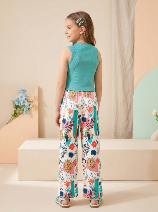 Girls Teal Sleeveless Top & Multicolor Printed Wide Leg Pants Set