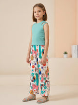 Girls Teal Sleeveless Top & Multicolor Printed Wide Leg Pants Set