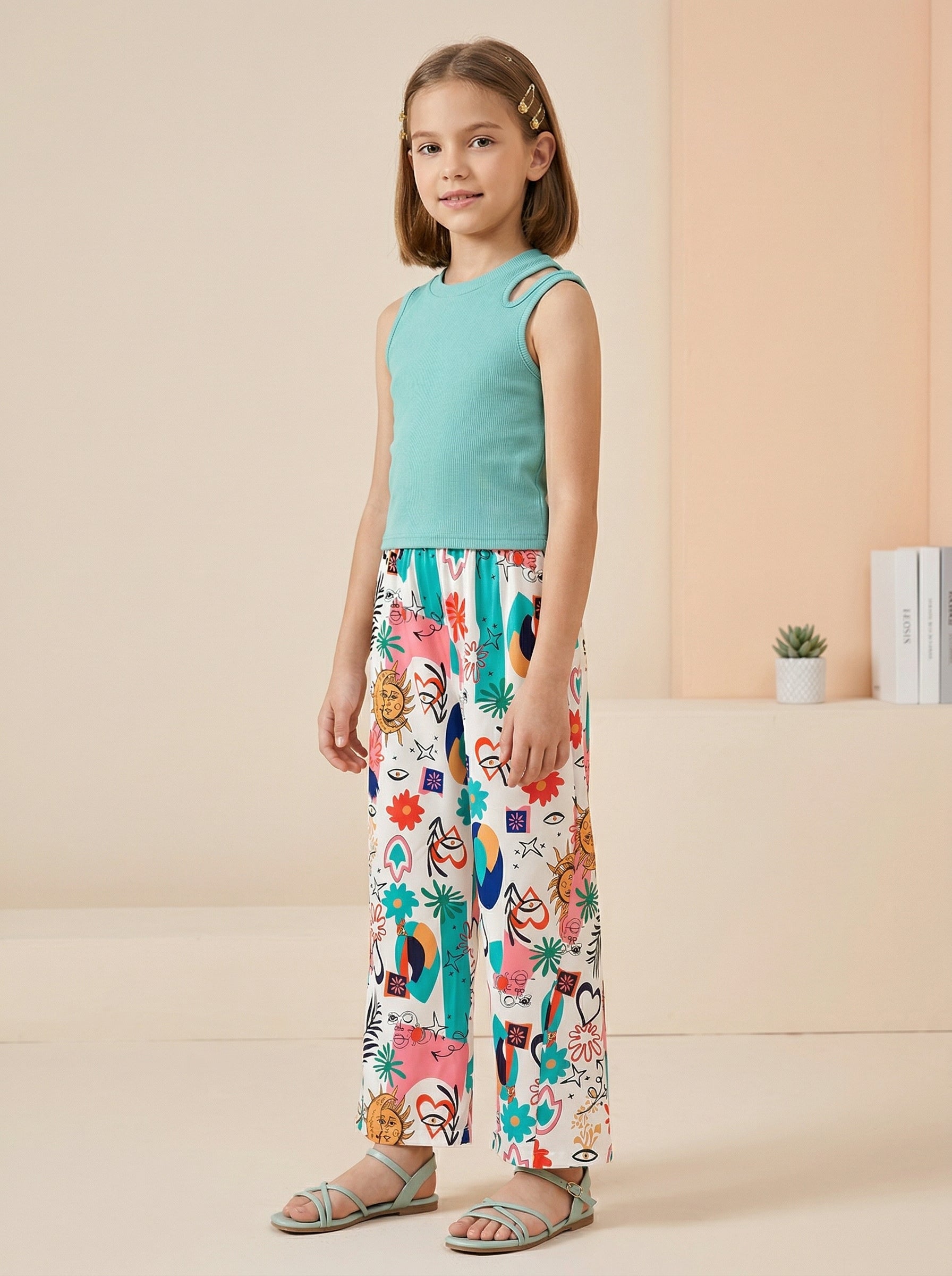 Girls Teal Sleeveless Top & Multicolor Printed Wide Leg Pants Set