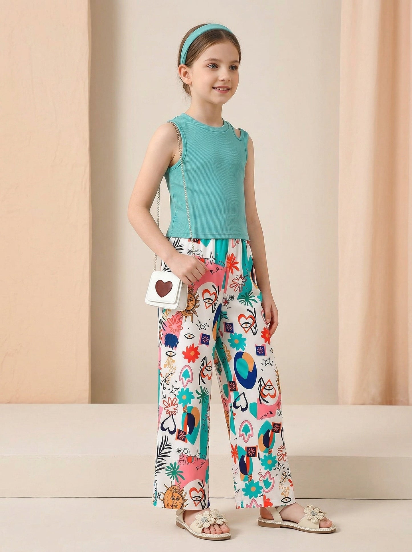 Girls Teal Sleeveless Top & Multicolor Printed Wide Leg Pants Set