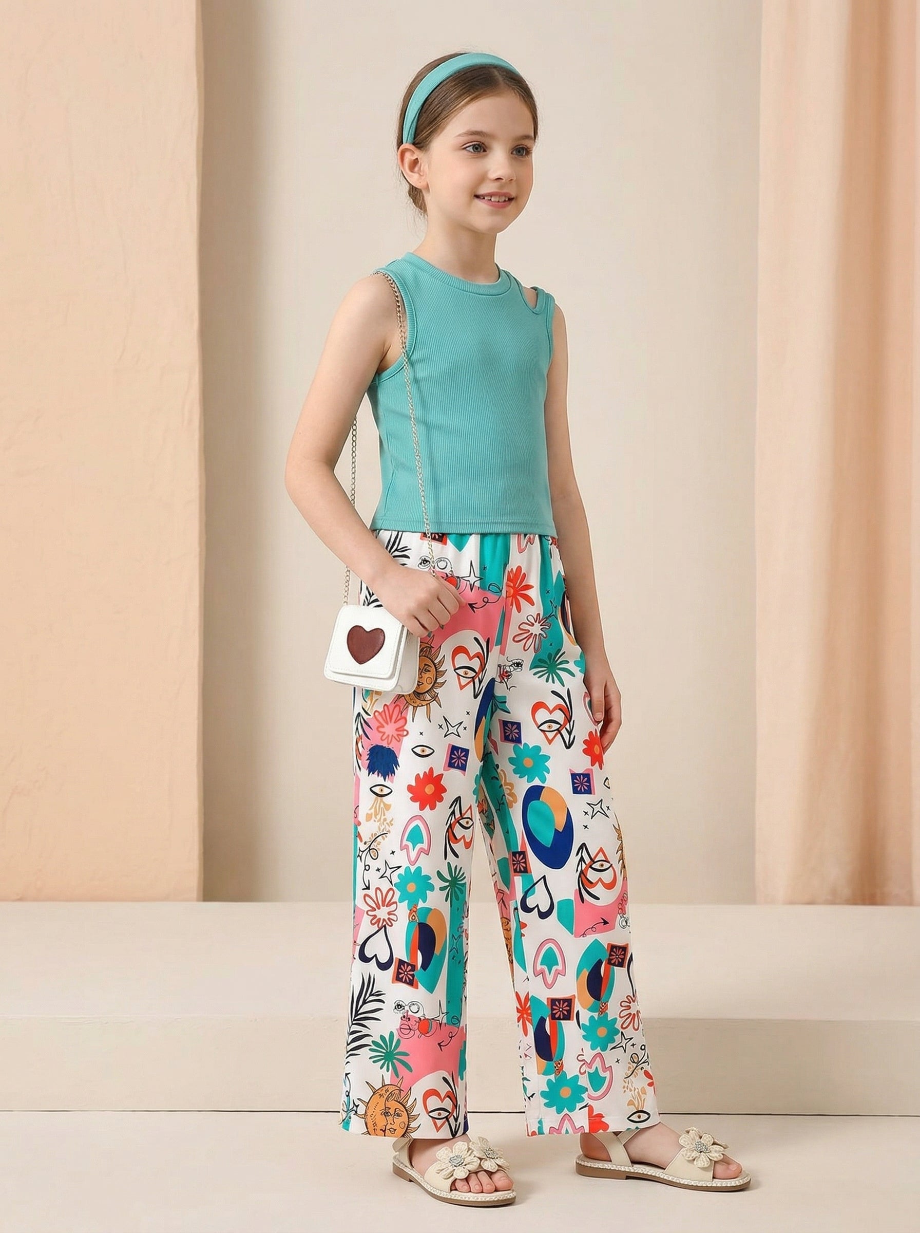Girls Teal Sleeveless Top & Multicolor Printed Wide Leg Pants Set