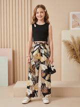 Girls Black Sleeveless Ribbed Top & Tropical Leaf Printed Wide Leg Pants Set