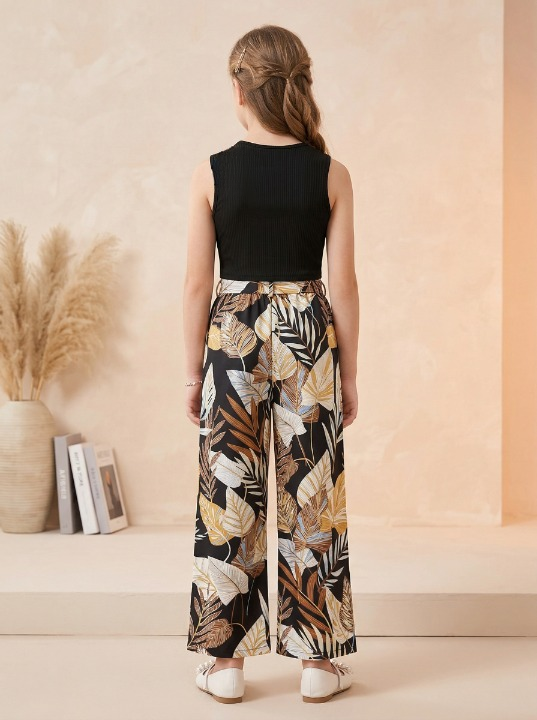Girls Black Sleeveless Ribbed Top & Tropical Leaf Printed Wide Leg Pants Set