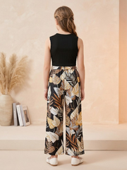 Girls Black Sleeveless Ribbed Top & Tropical Leaf Printed Wide Leg Pants Set