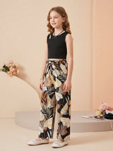 Girls Black Sleeveless Ribbed Top & Tropical Leaf Printed Wide Leg Pants Set