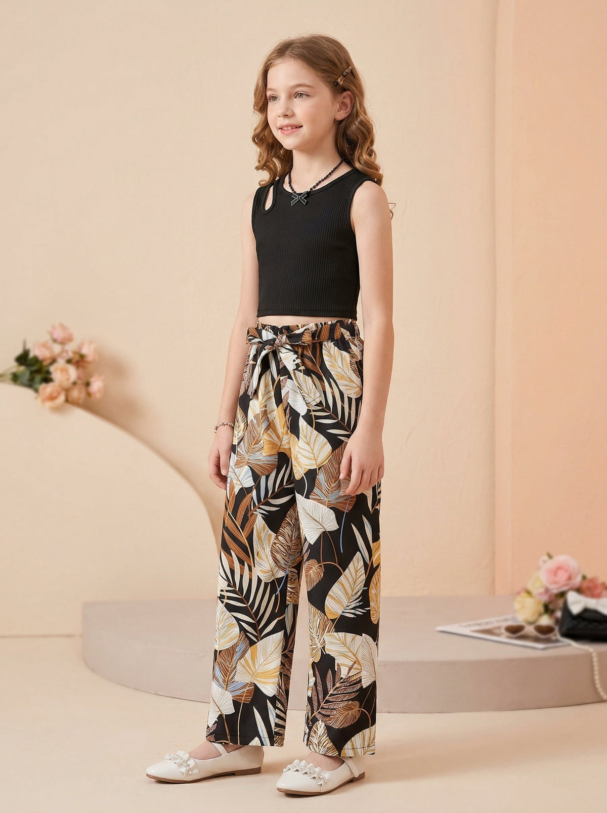 Girls Black Sleeveless Ribbed Top & Tropical Leaf Printed Wide Leg Pants Set