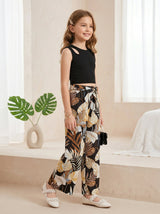 Girls Black Sleeveless Ribbed Top & Tropical Leaf Printed Wide Leg Pants Set