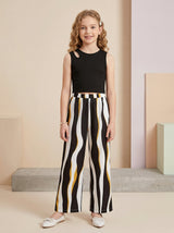 Girls Black Sleeveless Ribbed Top & Striped Wide Leg Pants Set