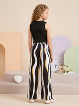 Girls Black Sleeveless Ribbed Top & Striped Wide Leg Pants Set