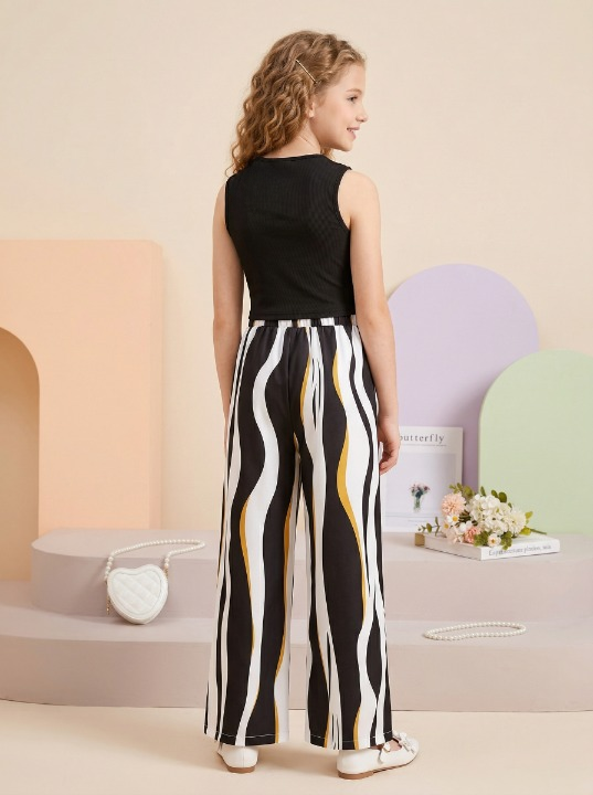Girls Black Sleeveless Ribbed Top & Striped Wide Leg Pants Set
