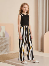 Girls Black Sleeveless Ribbed Top & Striped Wide Leg Pants Set
