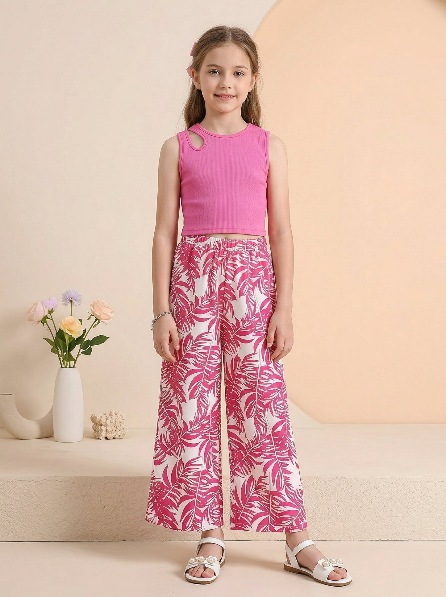 Girls Pink Sleeveless Ribbed Top & Tropical Leaf Printed Wide Leg Pants Set