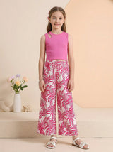 Girls Pink Sleeveless Ribbed Top & Tropical Leaf Printed Wide Leg Pants Set