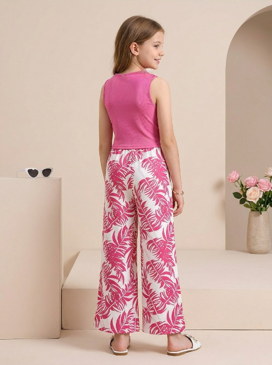 Girls Pink Sleeveless Ribbed Top & Tropical Leaf Printed Wide Leg Pants Set
