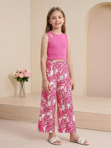 Girls Pink Sleeveless Ribbed Top & Tropical Leaf Printed Wide Leg Pants Set