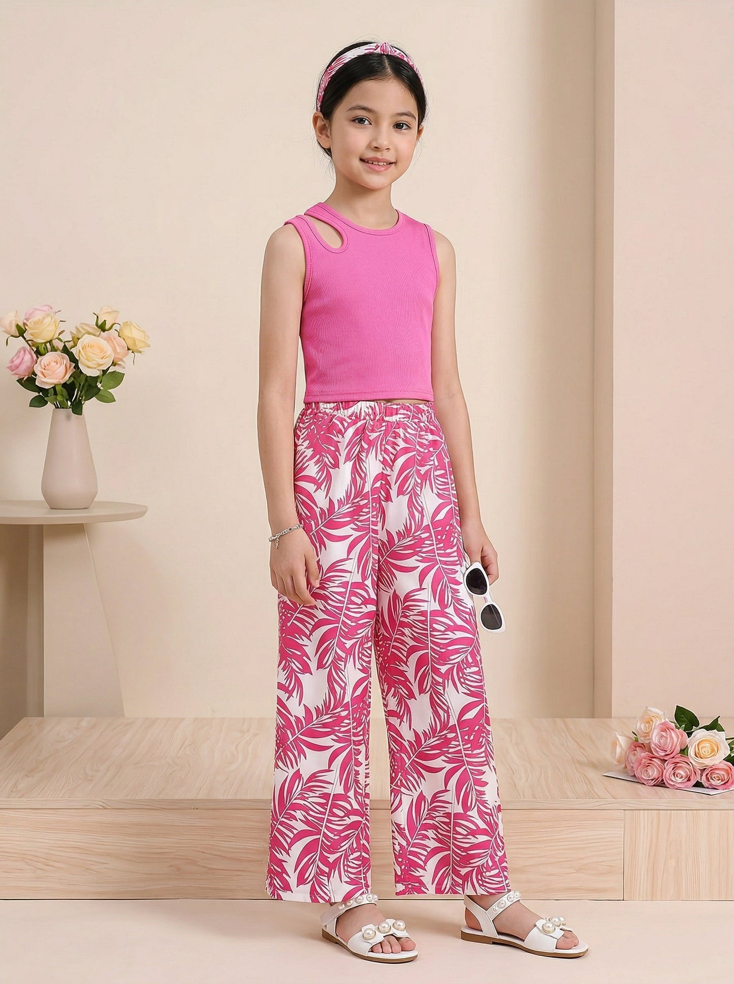 Girls Pink Sleeveless Ribbed Top & Tropical Leaf Printed Wide Leg Pants Set