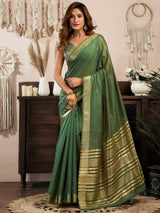 Precious Green Zari Weaving Cotton Casual Wear Saree With Blouse