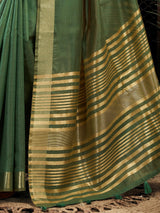 Precious Green Zari Weaving Cotton Casual Wear Saree With Blouse