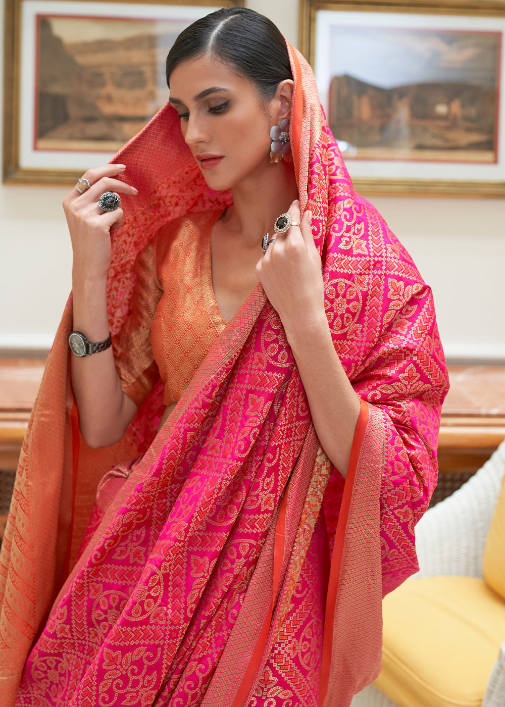 Hot Pink Zari Woven Patola Silk Saree
